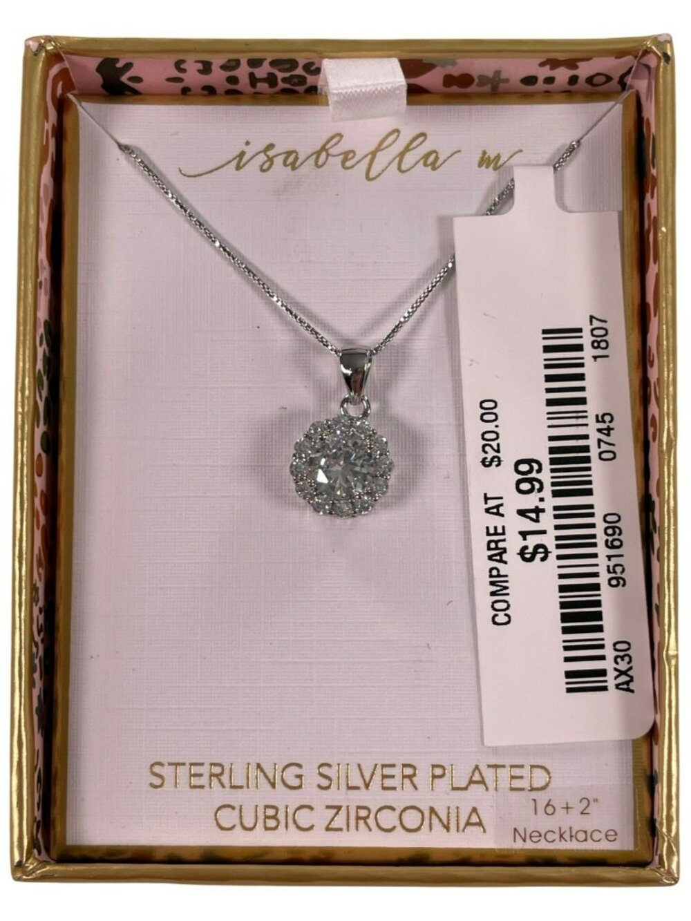 Isabella M Sterling Silver Plated Cubic Zirconia Necklace 16+2" Gift Box NEW